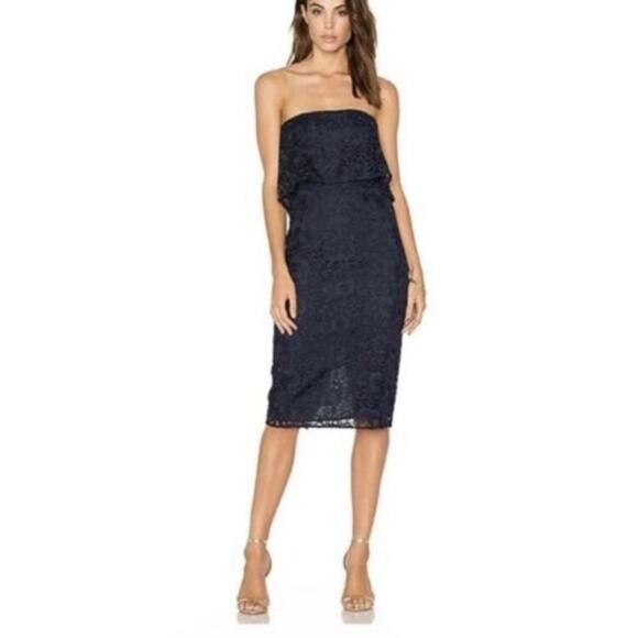 Likely Lace Driggs Black Dress Strapless Lined Draped Flouce Fitted Skirt Slit 2 - Picture 1 of 9